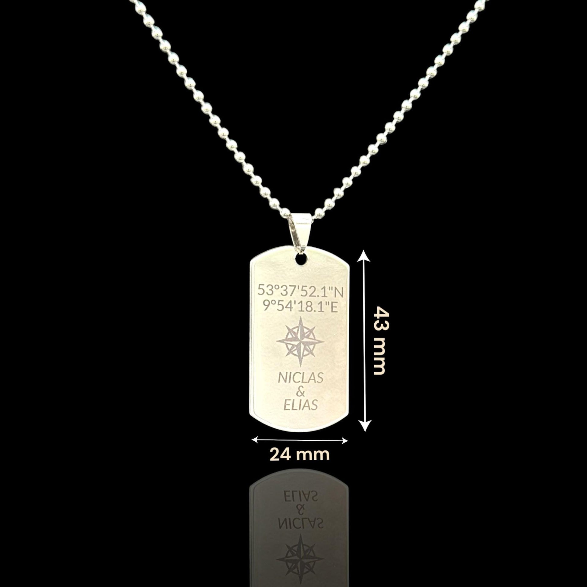 Dog Tag Anhänger Edelstahl – personalisiert mit Name und Koordinaten – Kompass Gravur – Geschenk für Männer & Frauen