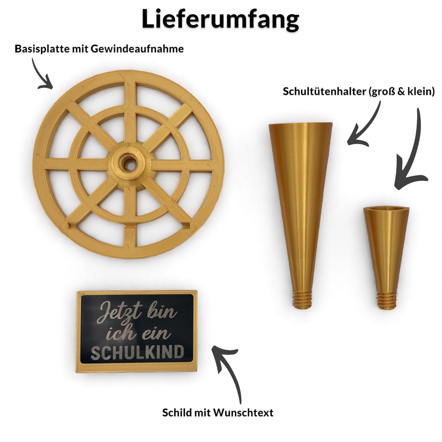 Schultütenständer personalisiert mit Wunschtext & Schild / in Gold, Silber, Kupfer und anderen Glanzfarben