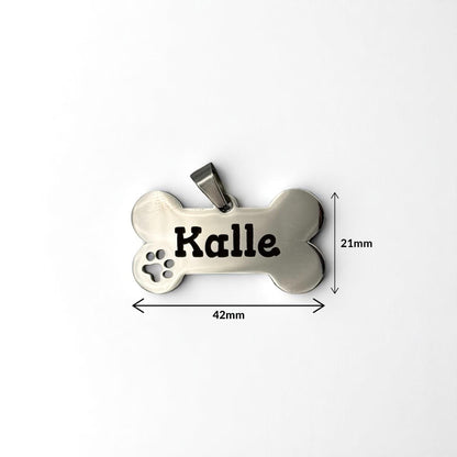 Personalisierte Hundemarke aus Edelstahl mit Namensgravur – Knochenform mit Pfotenmotiv – Geschenk für Hundehalter