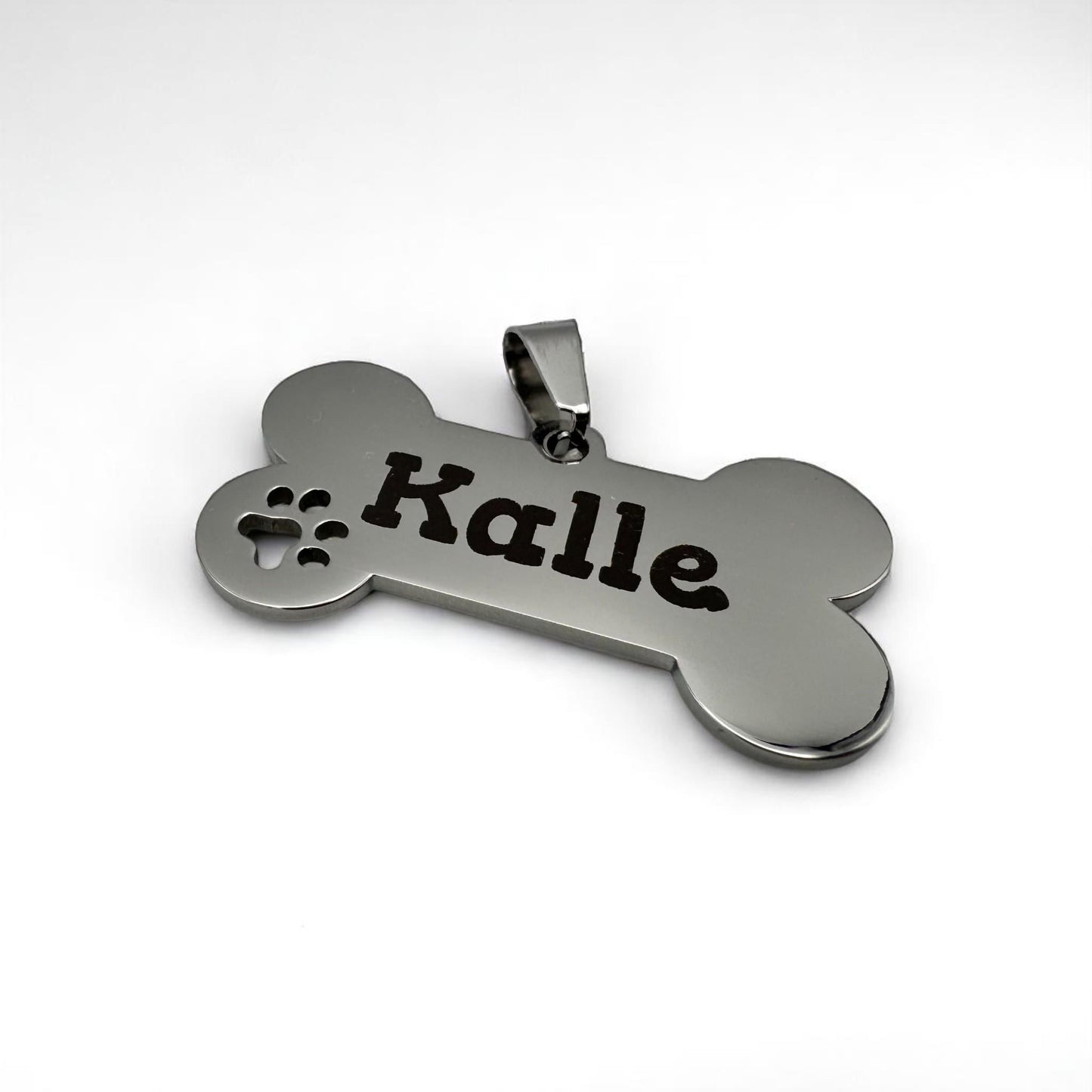 Personalisierte Hundemarke aus Edelstahl mit Namensgravur – Knochenform mit Pfotenmotiv – Geschenk für Hundehalter