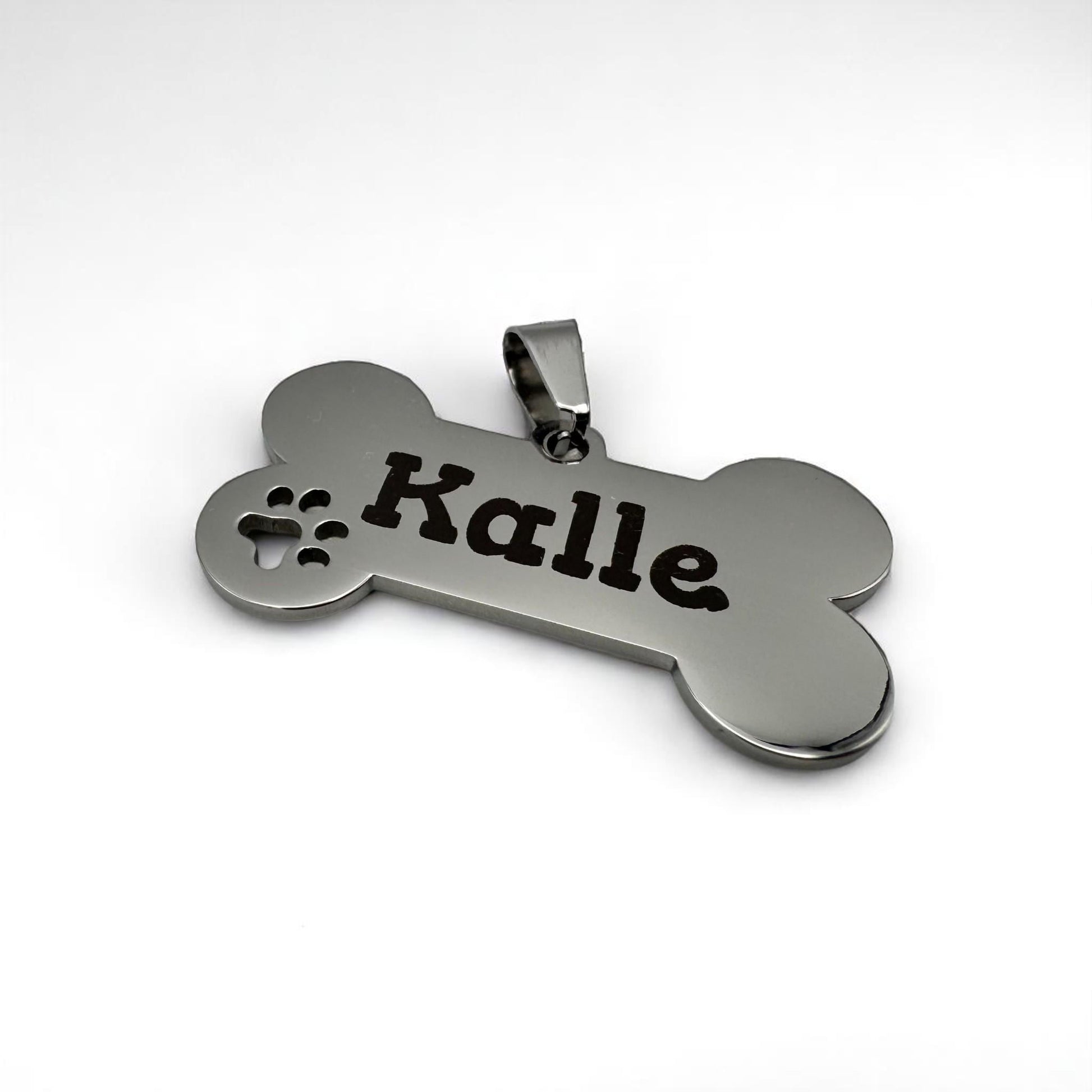 Personalisierte Hundemarke aus Edelstahl mit Namensgravur – Knochenform mit Pfotenmotiv – Geschenk für Hundehalter