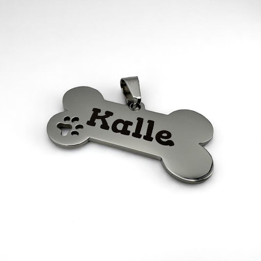 Personalisierte Hundemarke aus Edelstahl mit Namensgravur – Knochenform mit Pfotenmotiv – Geschenk für Hundehalter