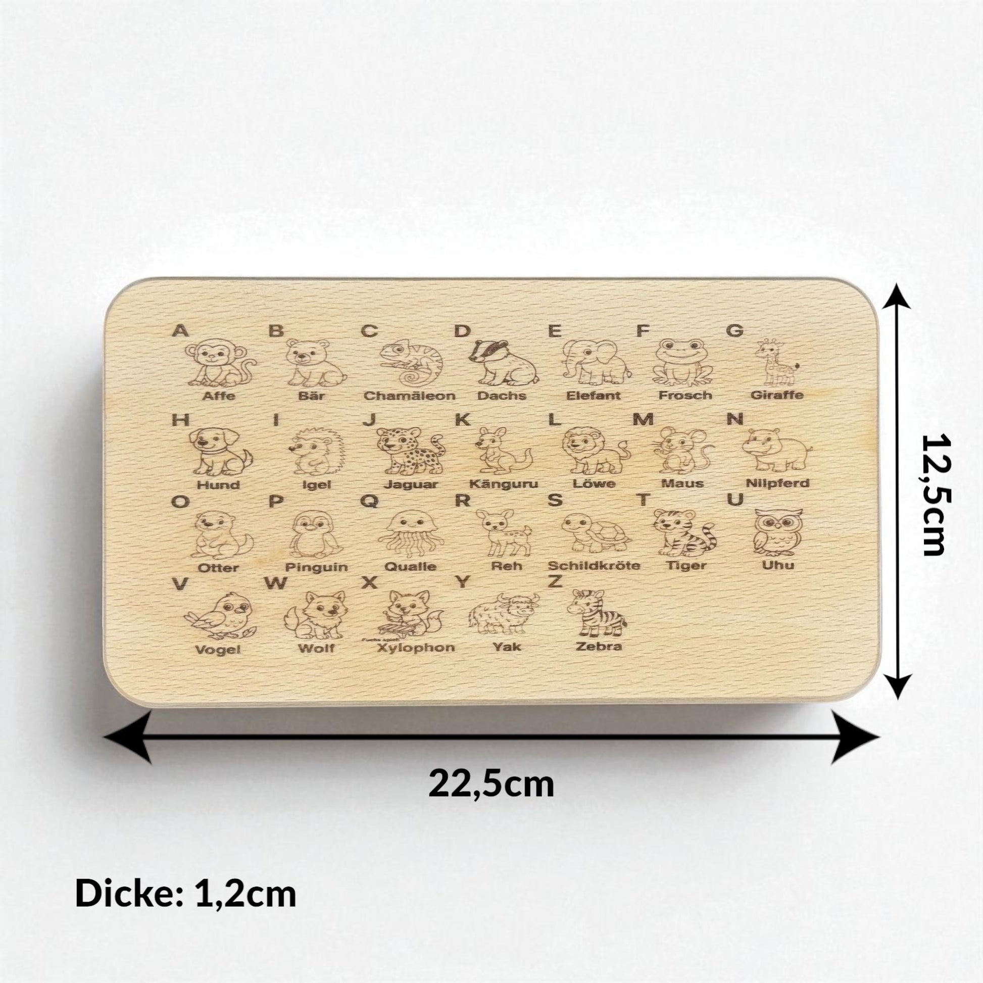 Alphabet Lernbrett aus Holz, von A bis Z mit Tieren graviert, pädagogisches Holzspielzeug und nachhaltige Geschenkidee für Kinder.