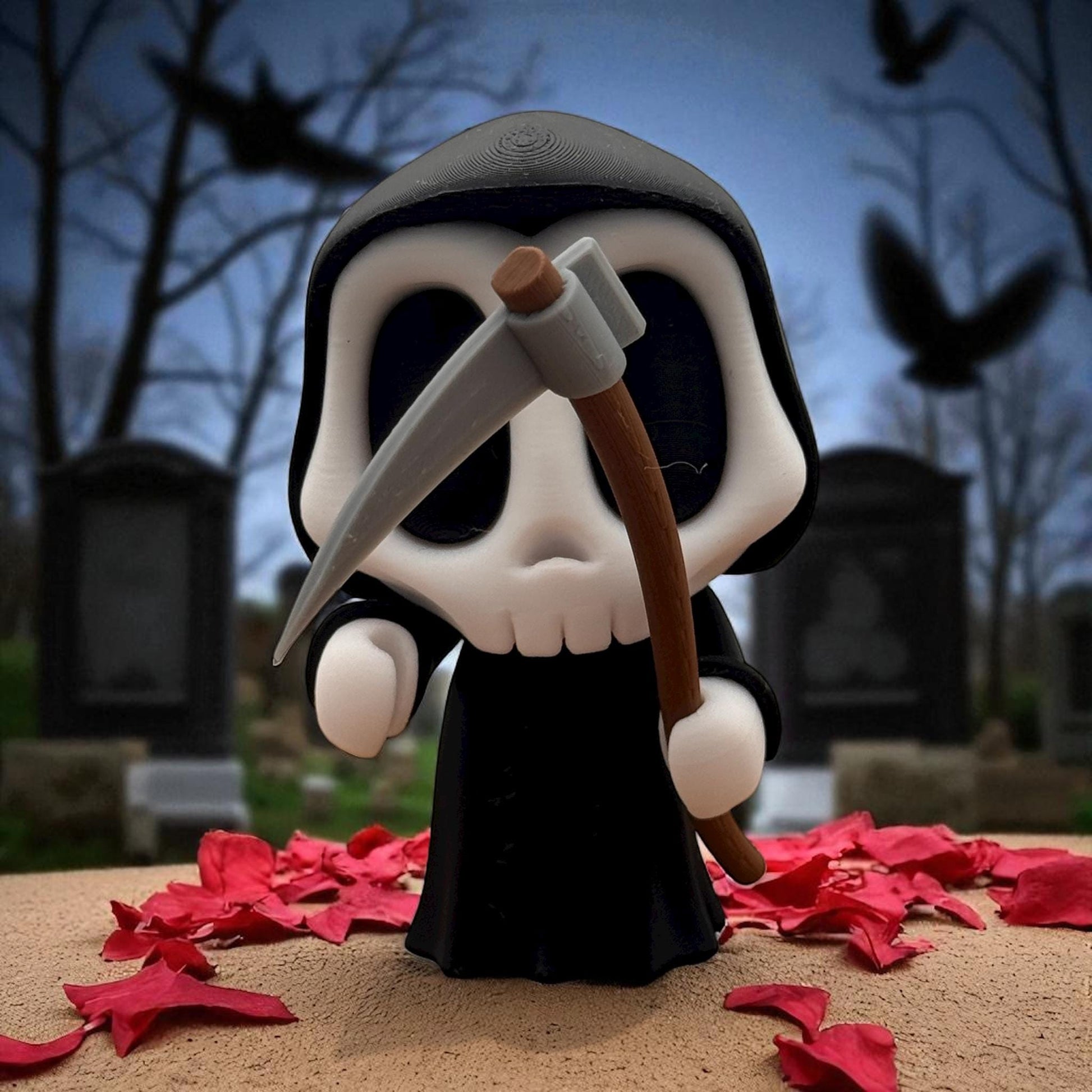 Blob Skeleton Figur als Halloween-Deko, weiße Skelettfigur mit schwarzem Gesicht in schwarzer Kutte, hält eine Sense in der Hand, 3D-gedruckt vor Friedhofskulisse mit roten Blättern.