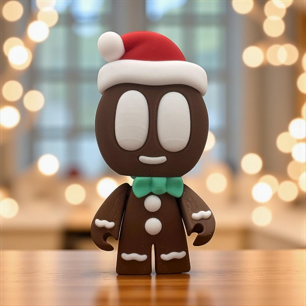Lebkuchen-Blob Figur mit Weihnachtsmütze und grüner Fliege auf Holztisch – 3D-gedruckte Weihnachtsdeko mit Bokeh-Lichtern.