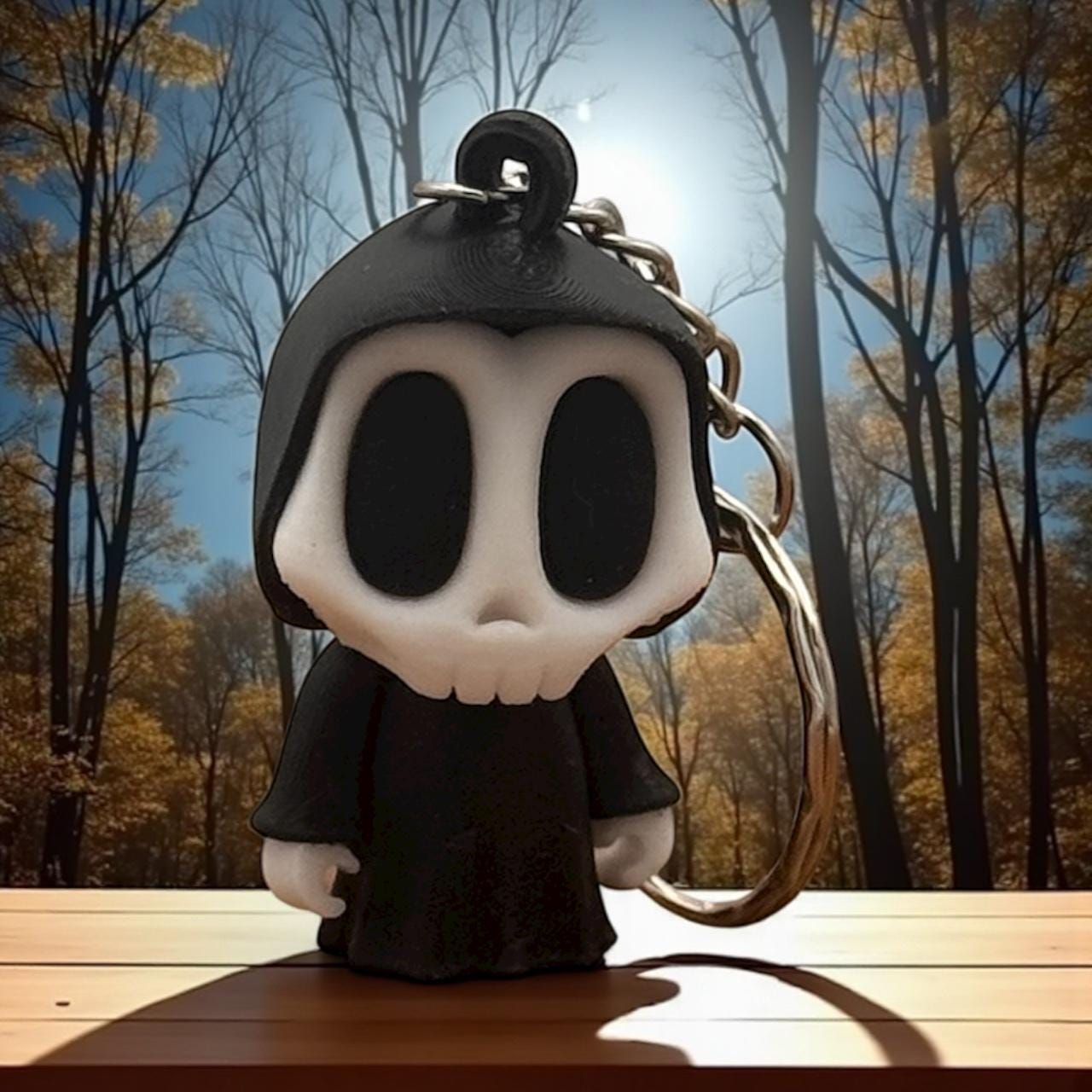 Grim-Reaper-Schlüsselanhänger, 3D-gedruckt in schwarz/weiß mit Kapuze, auf Holztisch im Freien; Nahaufnahme mit Schlüsselring.