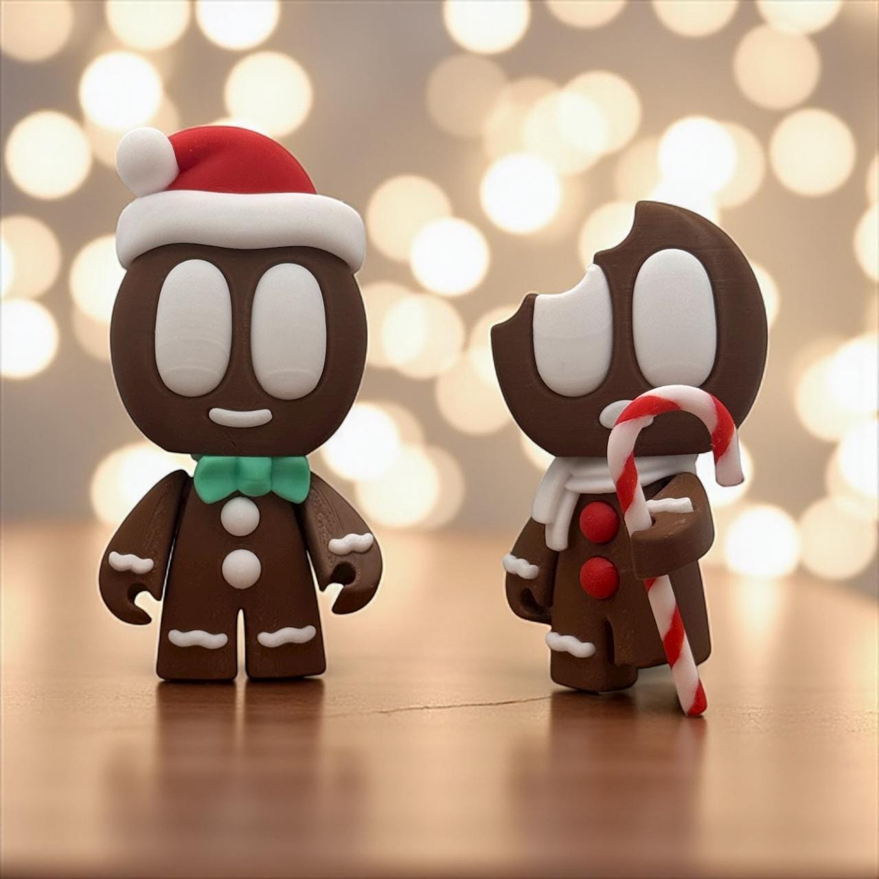 Zwei Lebkuchen-Blob Figuren auf Holztisch: eine mit Zuckerstange, eine mit Mütze und Fliege – 3D-gedruckte Weihnachtsdeko.