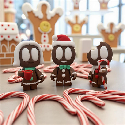 Drei 3D-gedruckte Lebkuchen-Blob Figuren mit Weihnachtsmützen; links mit roter Tasse, rechts mit Zuckerstange – weihnachtliches Produktfoto.
